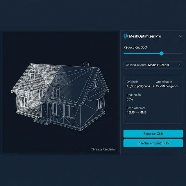 Interfaz de Mesh3D Optimizer reduciendo polígonos de un modelo 3D en SketchUp — preview Three.js con controles de simplificación